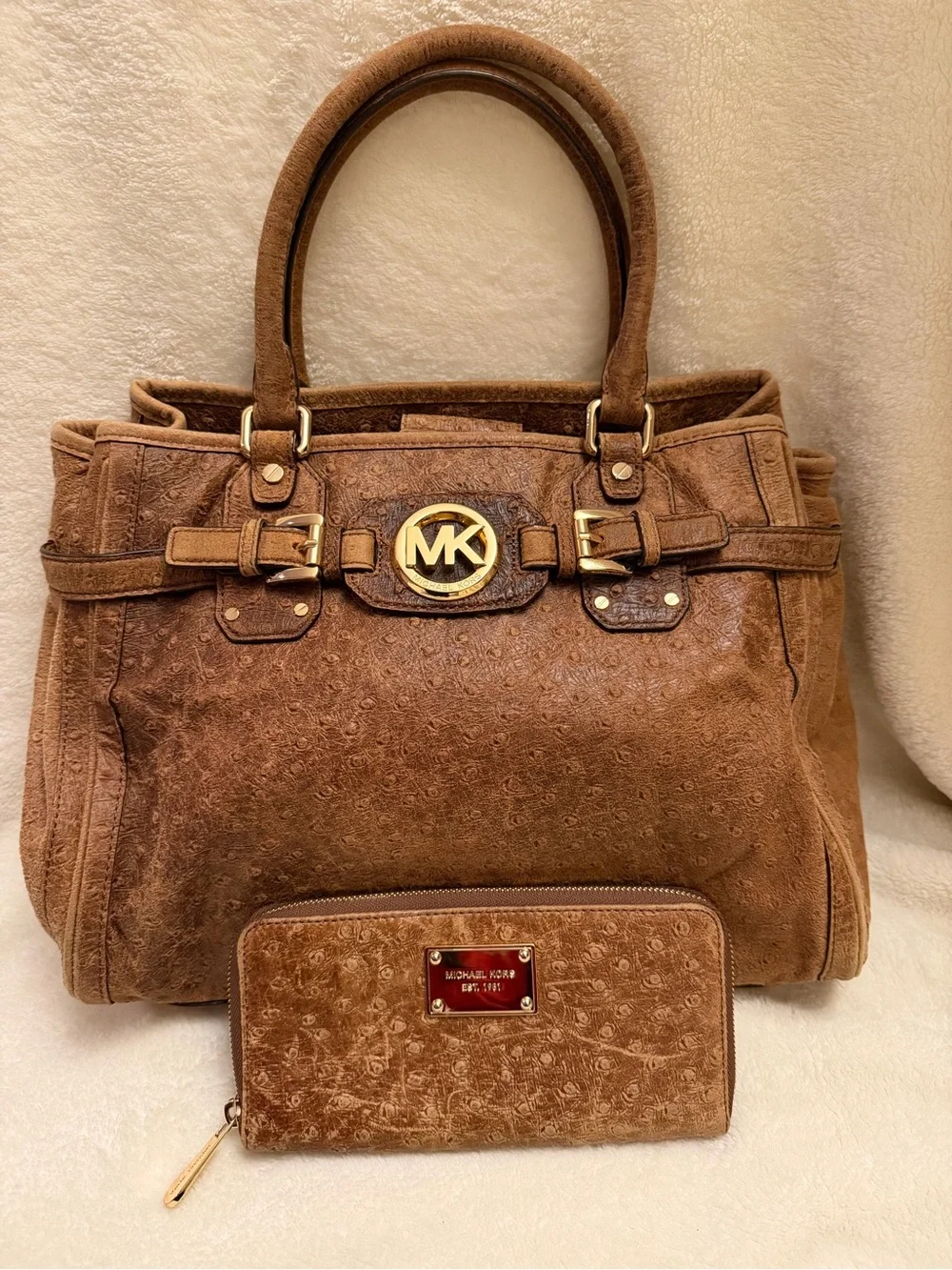 Michael Kors Hamilton Ostrich Embossed Satchel Bag & Zip Wallet Set Brown Tan